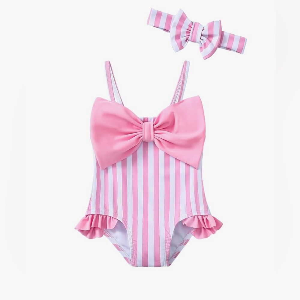 Pink and White Striped Swimsuit with Bow